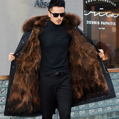 Faux Fur Coat Loose Overcoat Thick Warm Men Plush Coats Fox Hair Inner Liner Detachable Collar Long Fur Parkas Fur Jacket