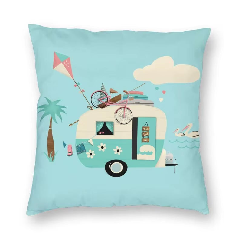 Happy Camping Trailer Camper Throw Pillow Case Home Decorative Custom Square Cushion Cover 40X40Cm Pillowcover for Sofa