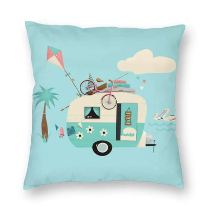 Happy Camping Trailer Camper Throw Pillow Case Home Decorative Custom Square Cushion Cover 40X40Cm Pillowcover for Sofa