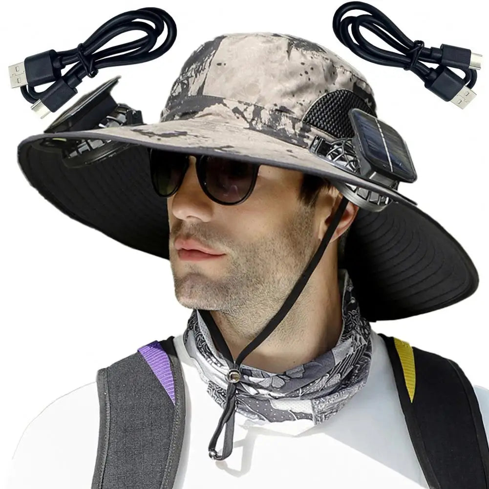 Outdoor Sun Hat with 2 Fan Large Brim Windproof Strap Solar/Usb Charging anti UV Sun Fishing Camping Travel Cap