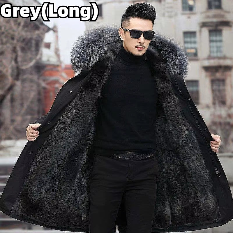 Faux Fur Coat Loose Overcoat Thick Warm Men Plush Coats Fox Hair Inner Liner Detachable Collar Long Fur Parkas Fur Jacket