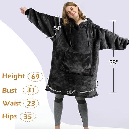 Women’S Sherpa Hoodie Sweatshirt Dress, Casual Snuggle Wearable Blanket Pullover Sweater with Kangaroo Pocket, Warm and Soft, Gift for Her Black