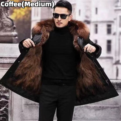 Faux Fur Coat Loose Overcoat Thick Warm Men Plush Coats Fox Hair Inner Liner Detachable Collar Long Fur Parkas Fur Jacket