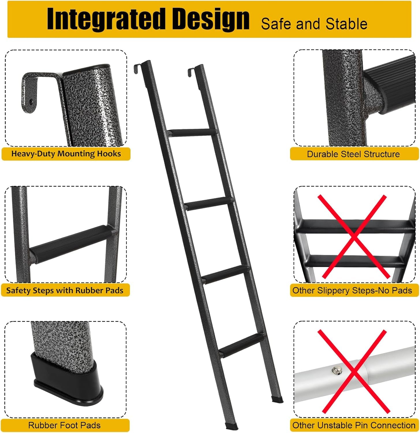 RV Bunk Ladder, 67In Integrated Heavy Duty Steel Camper Bunk Bed Ladder with Anti-Slip Rubber Pads and Hooks, 450LBS Capacity