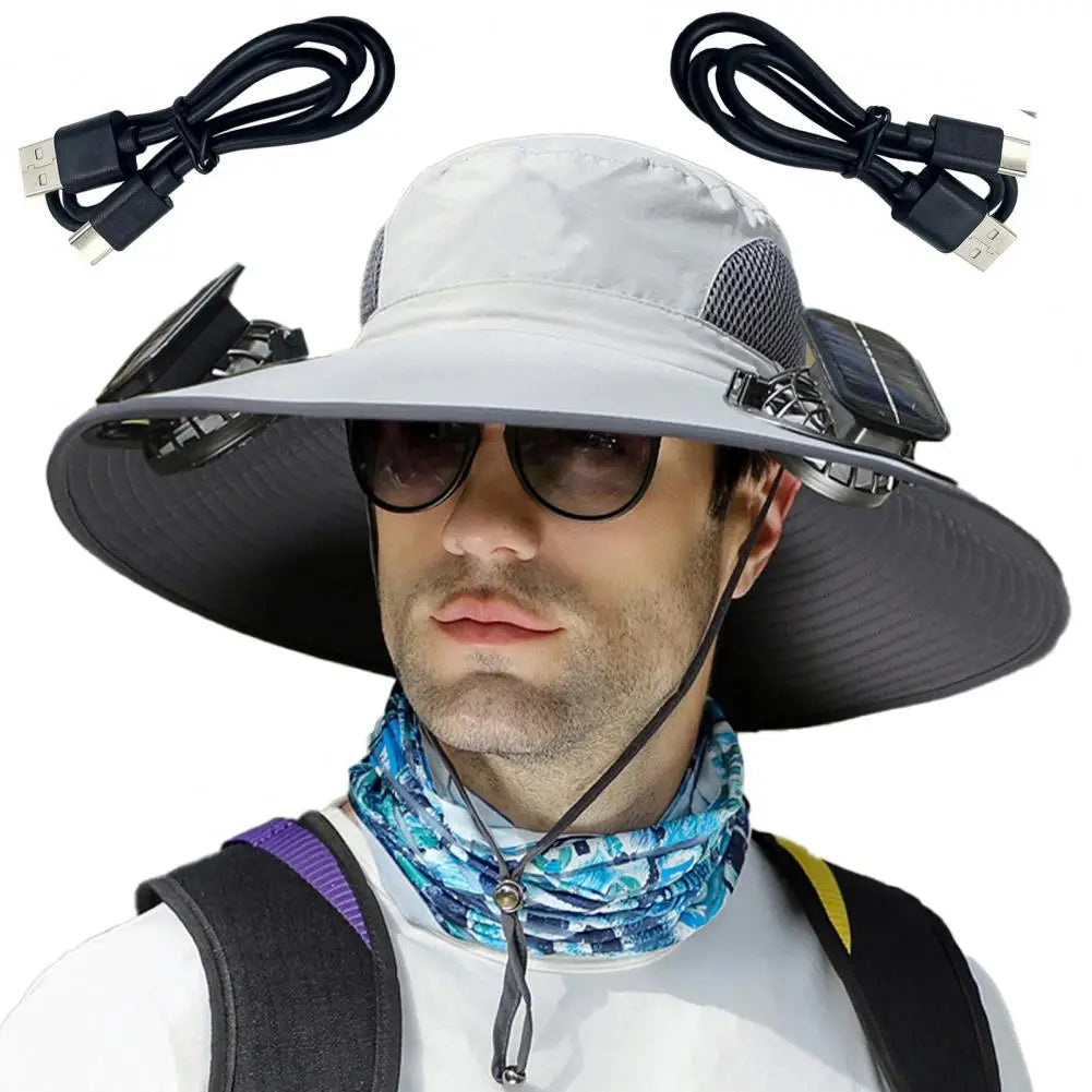 Outdoor Sun Hat with 2 Fan Large Brim Windproof Strap Solar/Usb Charging anti UV Sun Fishing Camping Travel Cap