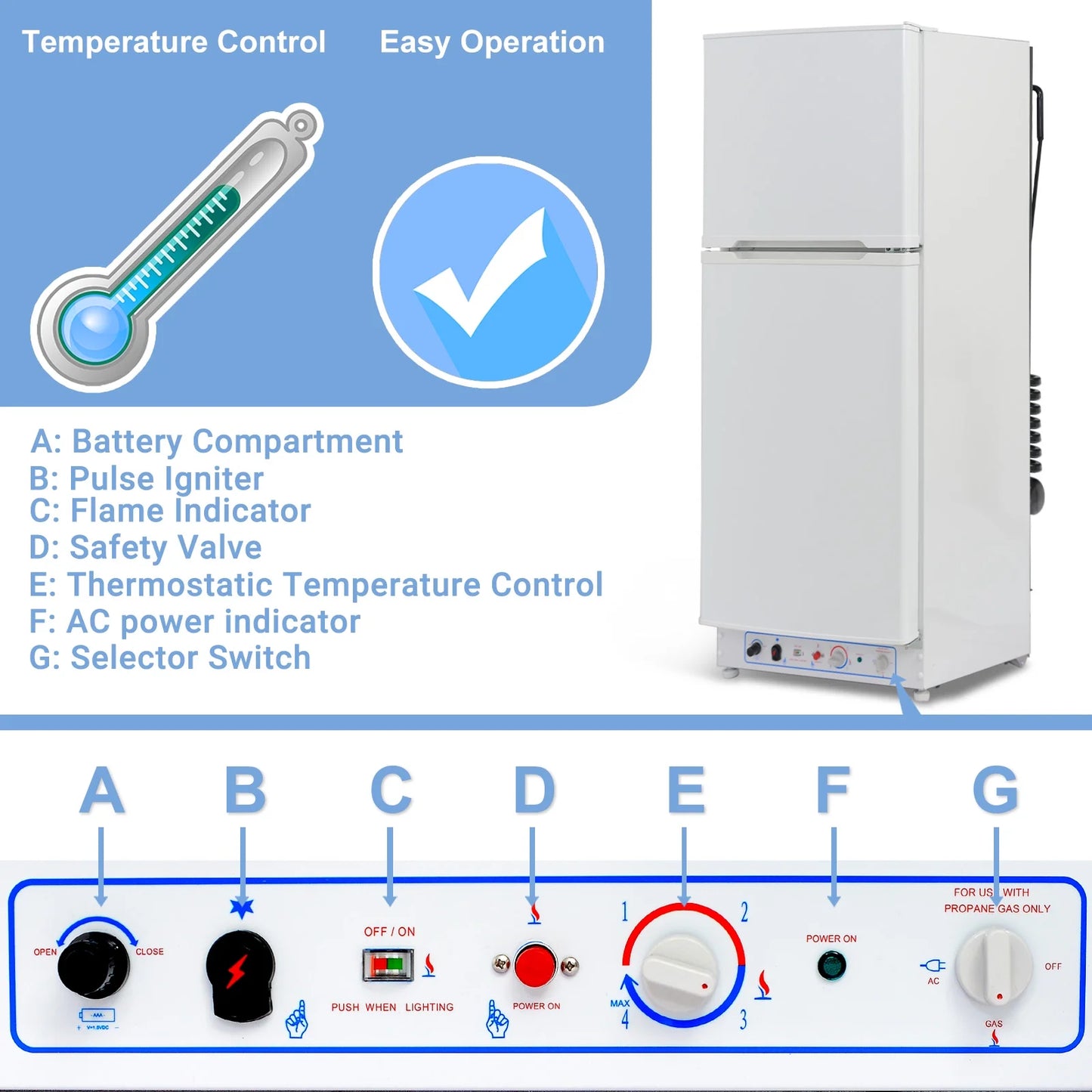 9.4 Cu Ft 64 In*H Propane Refrigerator AC 110V Freezer Large Capacity Frigde Camper Motorhome