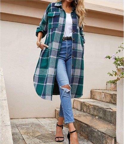 Women'S Casual Wool Blend Long Plaid Shirt Jacket Button down Pocketed Shirt Shacket