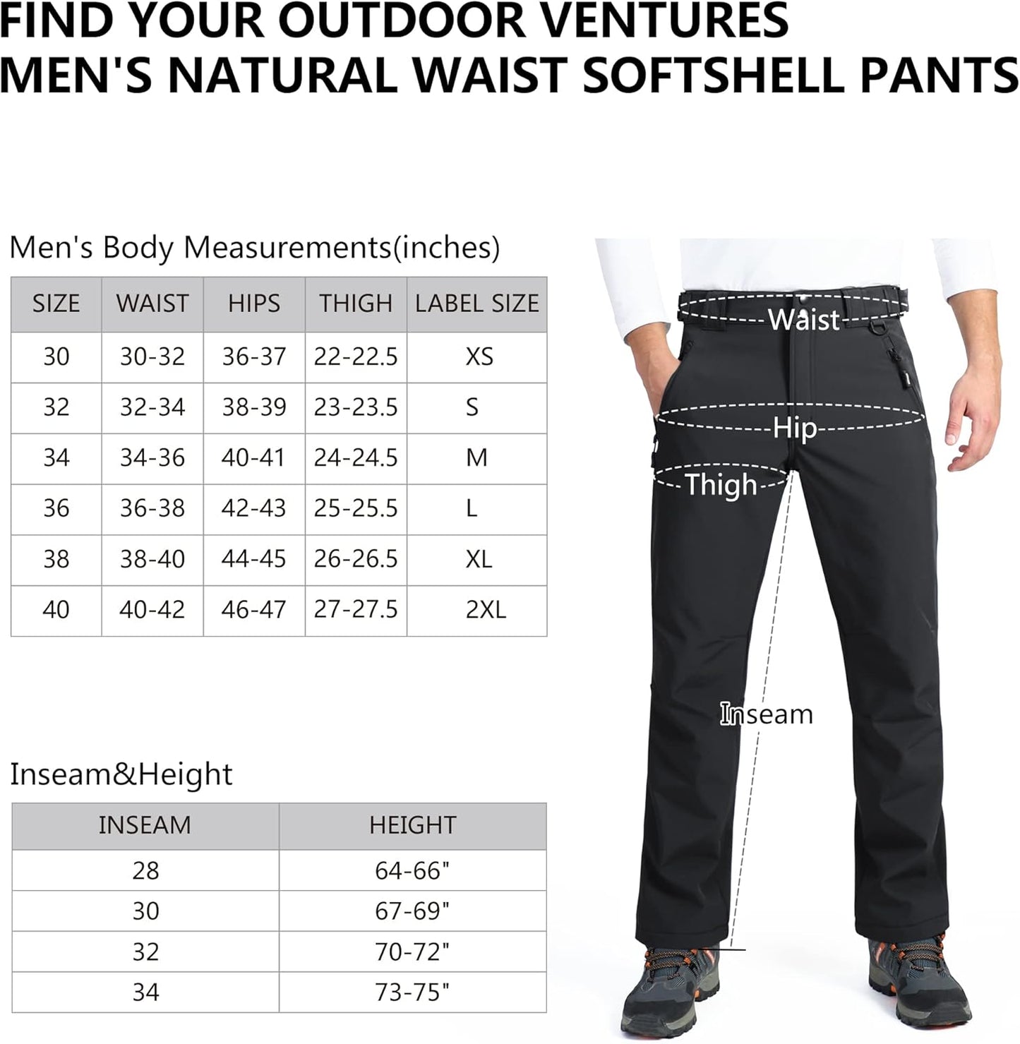 Men'S Lite Waterproof Windproof Fleece Lined Warm Hiking Ski Snow Pants Expandable-Waist