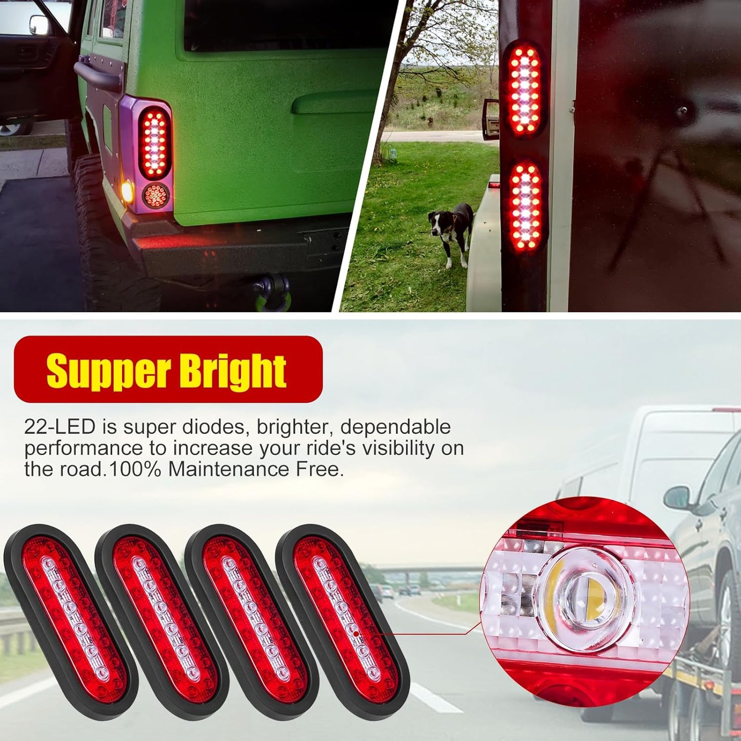 6" Oval Trailer Lights, 22 LED Trailer Lights, Stop Brake Lights Taillights Running Red and White Backup Reverse Lights, LED Trailer Lights Kit for Utility Trailer