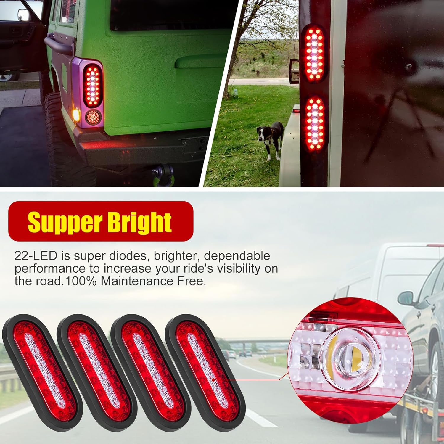 6" Oval Trailer Lights, 22 LED Trailer Lights, Stop Brake Lights Taillights Running Red and White Backup Reverse Lights, LED Trailer Lights Kit for Utility Trailer