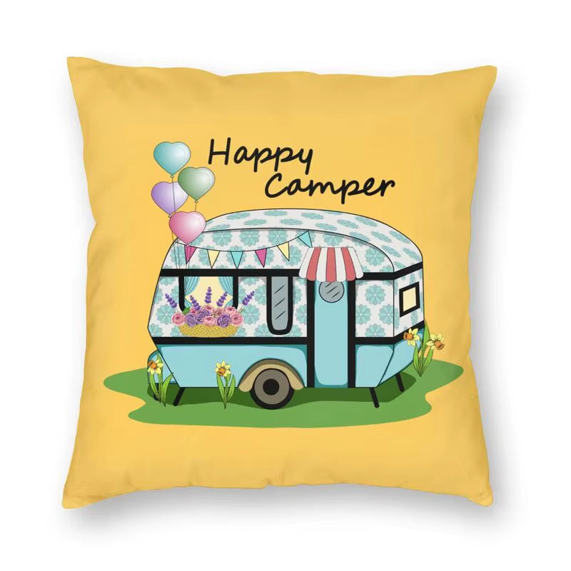 Happy Camping Trailer Camper Throw Pillow Case Home Decorative Custom Square Cushion Cover 40X40Cm Pillowcover for Sofa