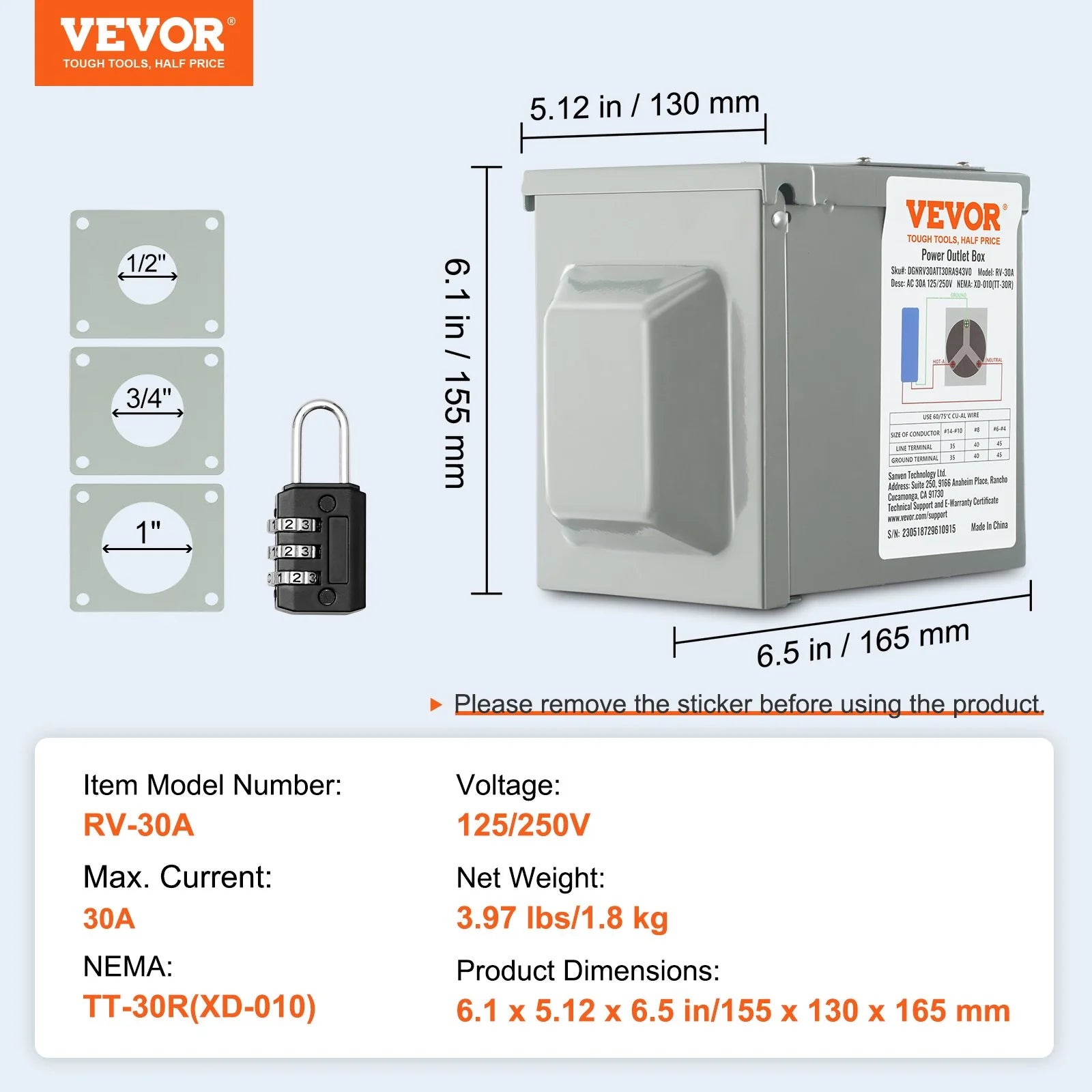 VEVOR 30 Amp RV Power Outlet Box, 125/250 Volt, Enclosed Lockable Outdoor RV Receptacle Box, NEMA TT-30R Weatherproof Electrical Panel, for RV Camper Trailer Motorhome Tested to UL Standards