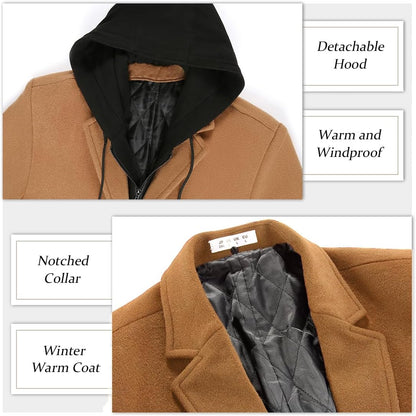 Men'S Wool Trench Coat Winter Hoodie Coat Premium Business Wool Jacket