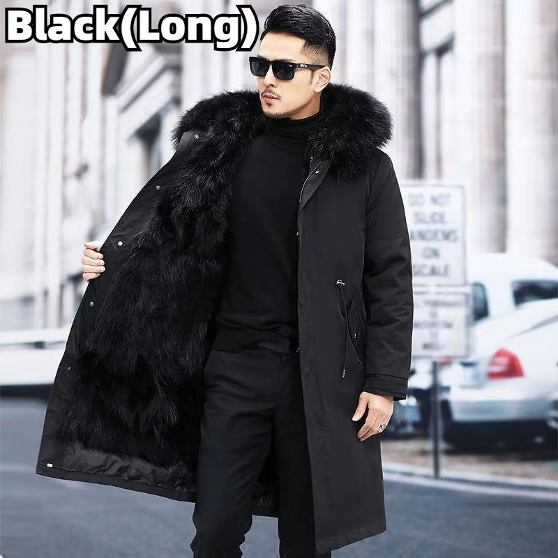 Faux Fur Coat Loose Overcoat Thick Warm Men Plush Coats Fox Hair Inner Liner Detachable Collar Long Fur Parkas Fur Jacket