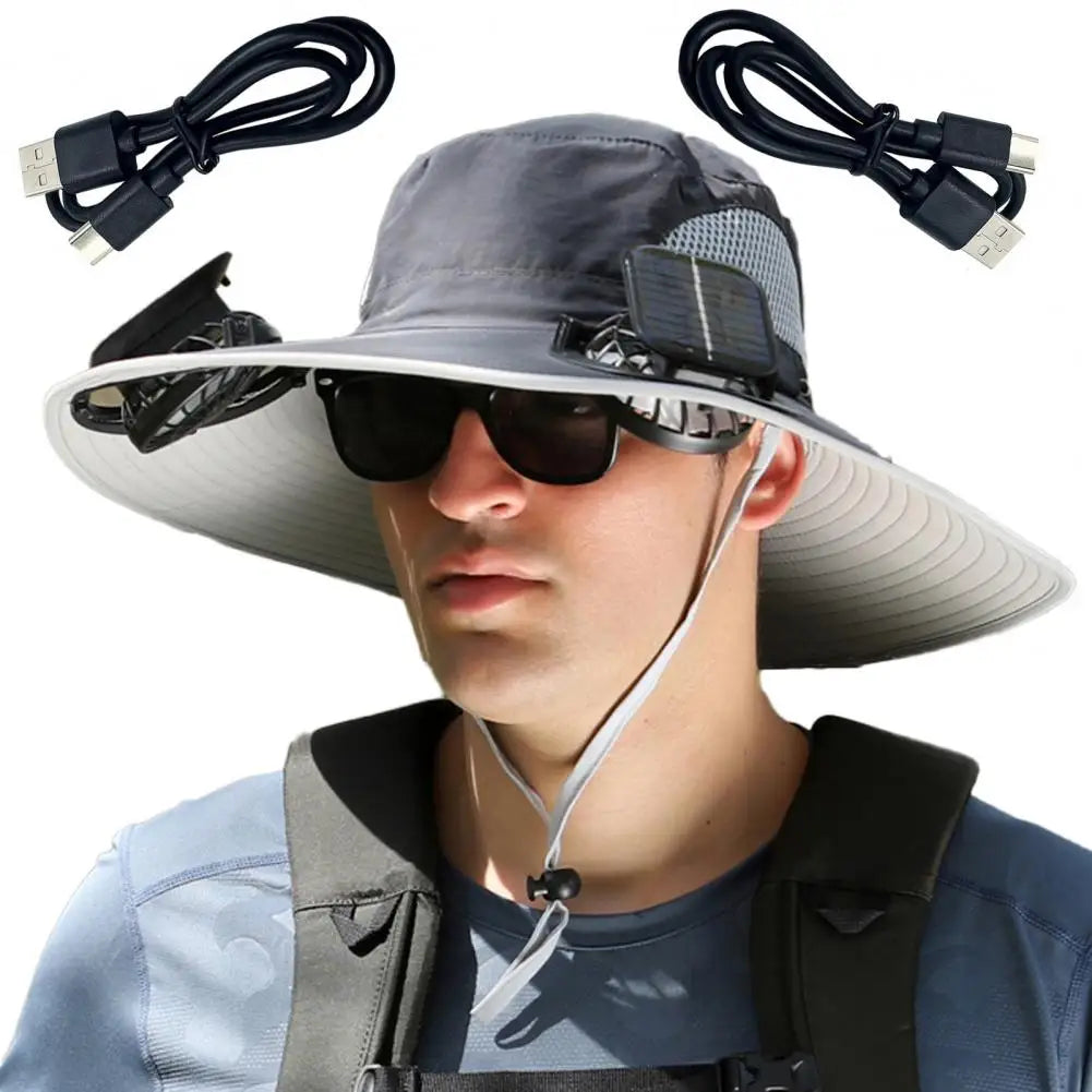 Outdoor Sun Hat with 2 Fan Large Brim Windproof Strap Solar/Usb Charging anti UV Sun Fishing Camping Travel Cap