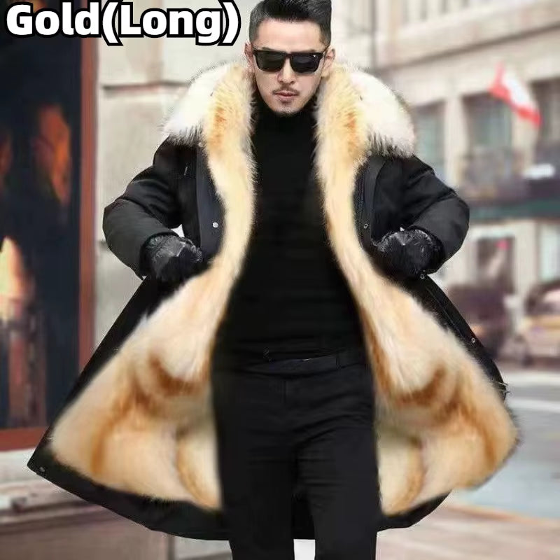 Faux Fur Coat Loose Overcoat Thick Warm Men Plush Coats Fox Hair Inner Liner Detachable Collar Long Fur Parkas Fur Jacket