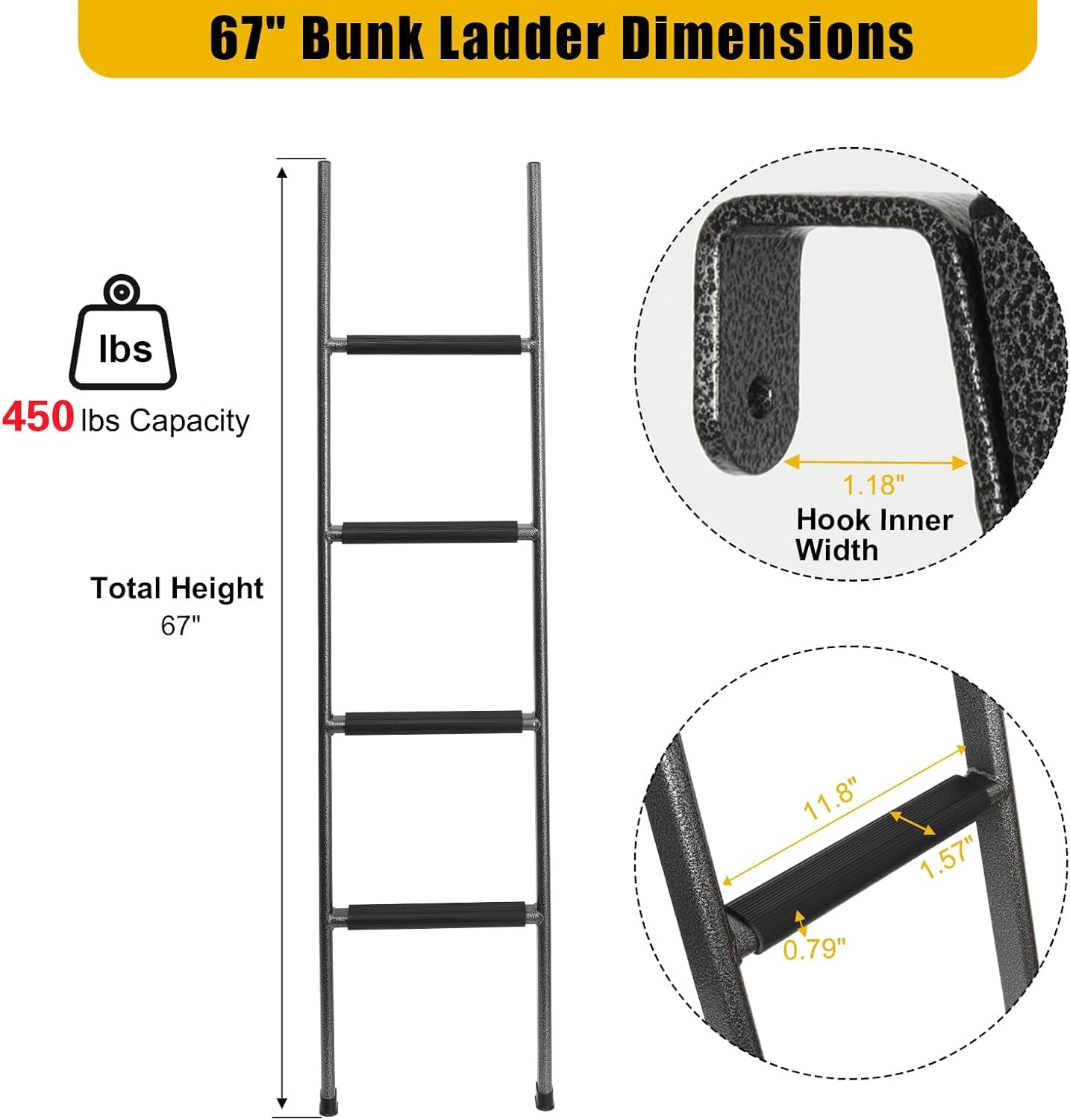 RV Bunk Ladder, 67In Integrated Heavy Duty Steel Camper Bunk Bed Ladder with Anti-Slip Rubber Pads and Hooks, 450LBS Capacity