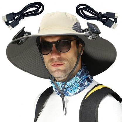 Outdoor Sun Hat with 2 Fan Large Brim Windproof Strap Solar/Usb Charging anti UV Sun Fishing Camping Travel Cap