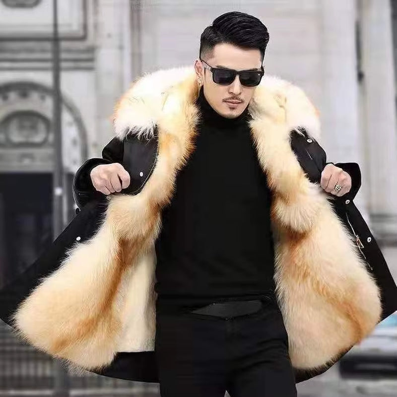 Faux Fur Coat Loose Overcoat Thick Warm Men Plush Coats Fox Hair Inner Liner Detachable Collar Long Fur Parkas Fur Jacket