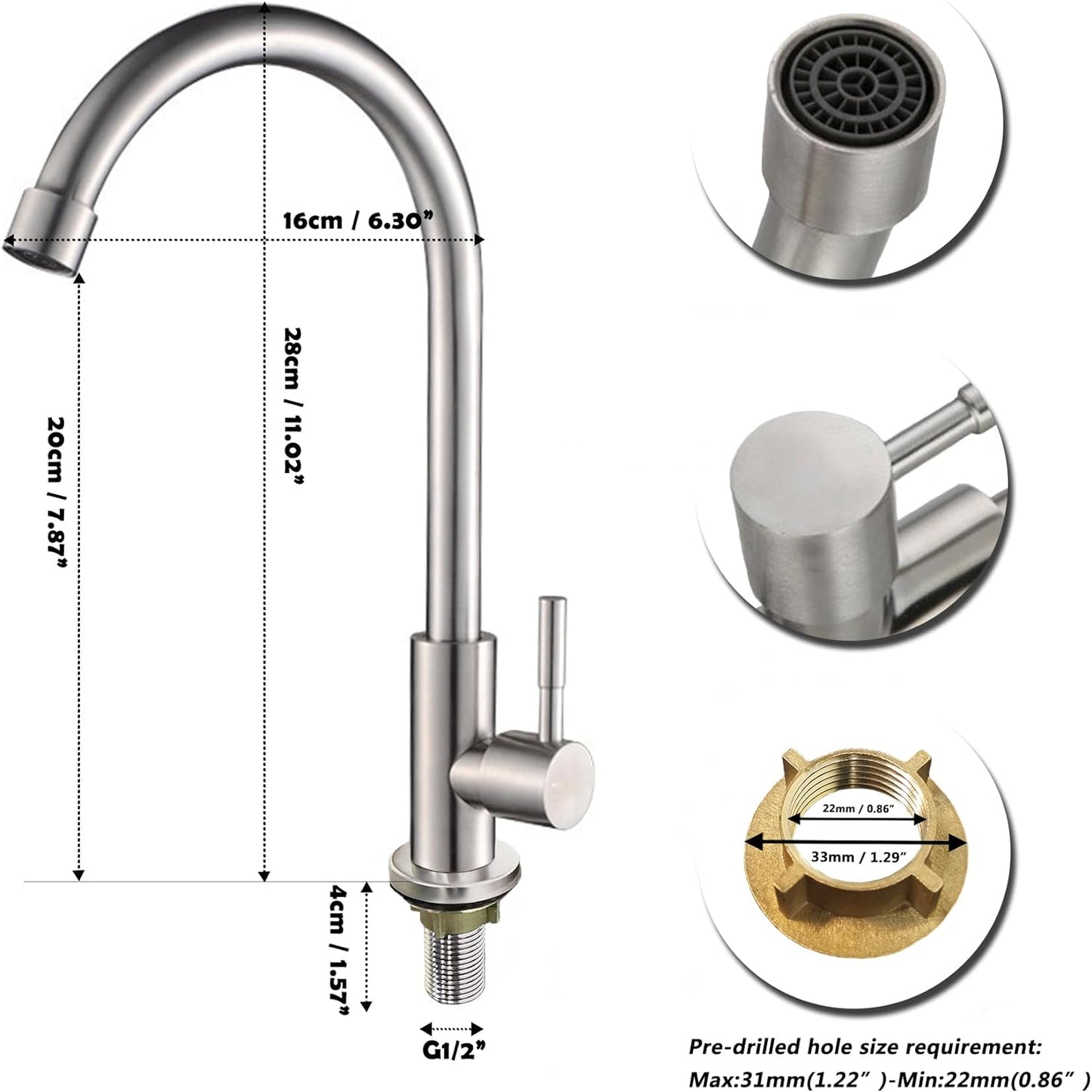 Brushed Nickel Kitchen Faucet Cold Water Only 1 Hole Single Handle 360 Degree...