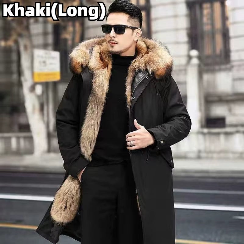 Faux Fur Coat Loose Overcoat Thick Warm Men Plush Coats Fox Hair Inner Liner Detachable Collar Long Fur Parkas Fur Jacket