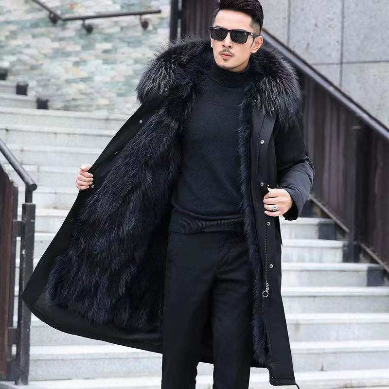 Faux Fur Coat Loose Overcoat Thick Warm Men Plush Coats Fox Hair Inner Liner Detachable Collar Long Fur Parkas Fur Jacket