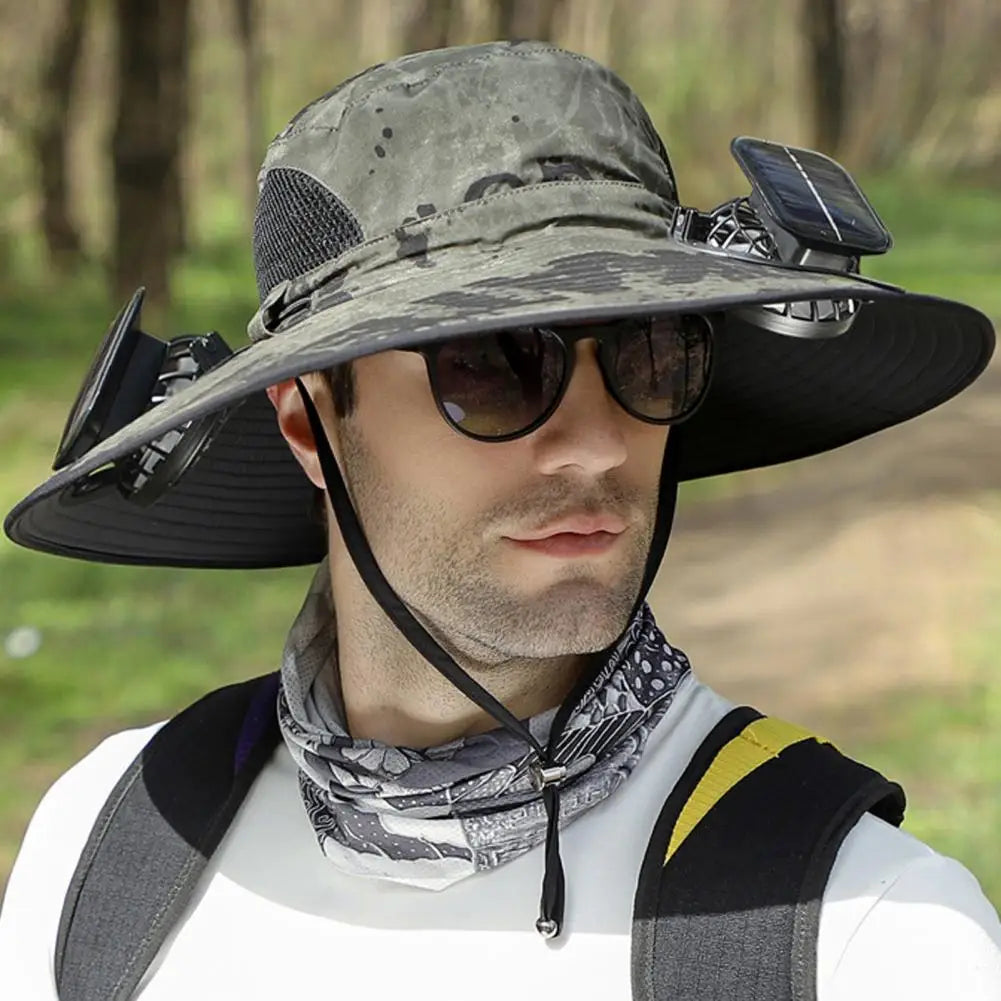 Outdoor Sun Hat with 2 Fan Large Brim Windproof Strap Solar/Usb Charging anti UV Sun Fishing Camping Travel Cap