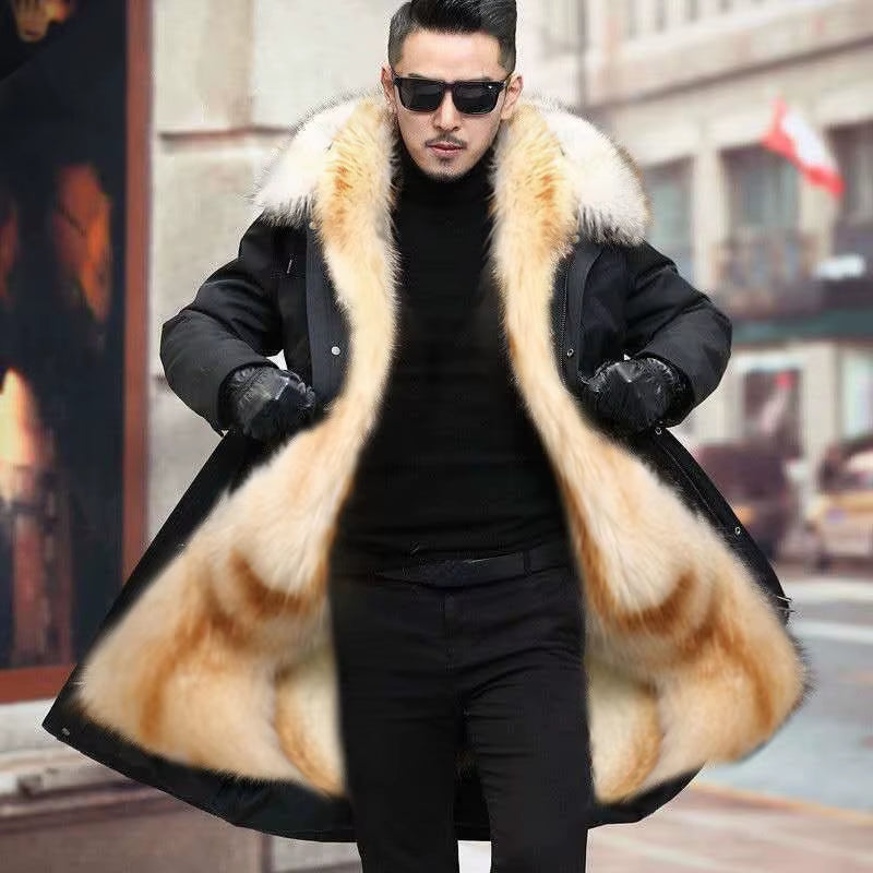 Faux Fur Coat Loose Overcoat Thick Warm Men Plush Coats Fox Hair Inner Liner Detachable Collar Long Fur Parkas Fur Jacket