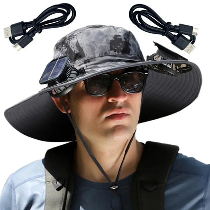 Outdoor Sun Hat with 2 Fan Large Brim Windproof Strap Solar/Usb Charging anti UV Sun Fishing Camping Travel Cap