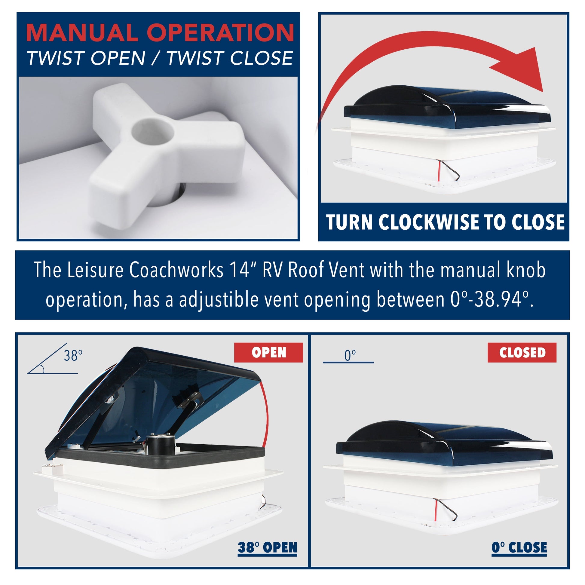 Coachworks 14" X 14" RV Roof Vent Fan 12V Manual Riser Reversible Manual Lift with Smoked Lid