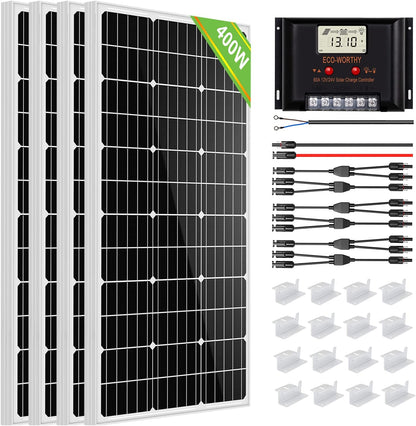 400 Watt 12 Volt Solar Panel Kit off Grid with 4Pcs 100W Solar Panels + 60A Charge Controller + Accessories Needed for RV, Cabins, Caravan, Shed，Etc