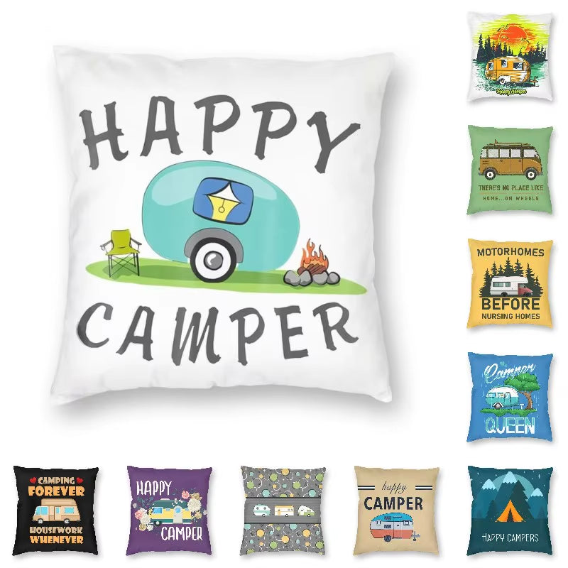 Happy Camping Trailer Camper Throw Pillow Case Home Decorative Custom Square Cushion Cover 40X40Cm Pillowcover for Sofa